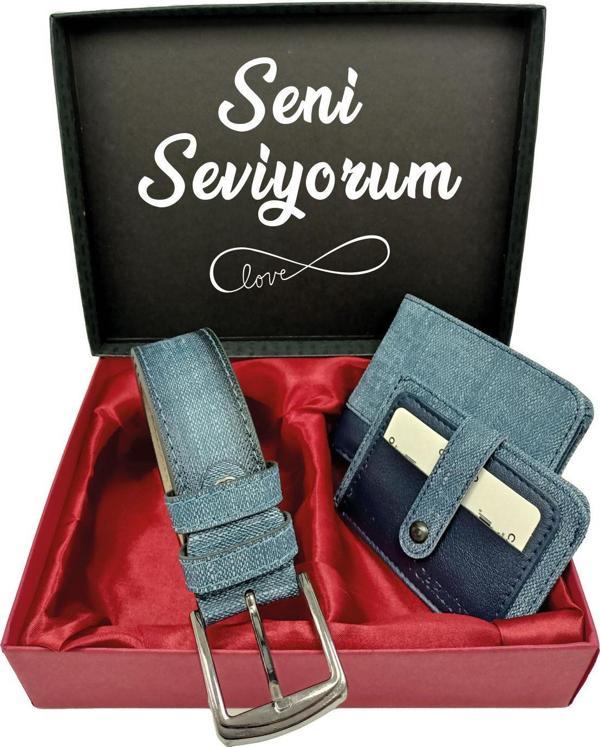SEVGİLİLER GÜNÜNE KİŞİYE ÖZEL SET kot kemer, kot cüzdan, kot kartlık,özel kutulu set - Image 1