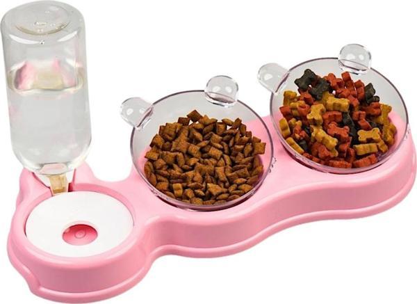 Glipet Çift Hazneli- 3' lü Beslenme Mama ve Su Kabı Pembe 500 ml  36*21*16 cm - Image 1