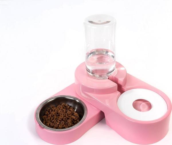 Miapet Köşeli Ayarlanabilir Hazneli Çelik Taslı Kedi-Köpek Mama Ve Su Kabı Seti 1000ml Pembe - Image 1