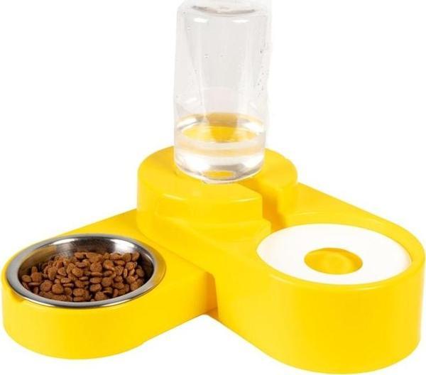 Miapet Köşeli Ayarlanabilir Hazneli Çelik Taslı Kedi-köpek Mama Ve Su Kabı Seti 1000ml Sarı - Image 1