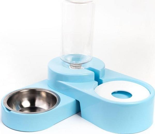 Miapet Köşeli Ayarlanabilir Hazneli Çelik Taslı Kedi-Köpek Mama Ve Su Kabı Seti 1000ml Turkuaz - Image 1