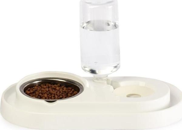 Miapet Çelik Taslı LÜX Hazneli Kedi-Köpek Mama Ve Su Kabı Seti 1000ml Beyaz - Image 1