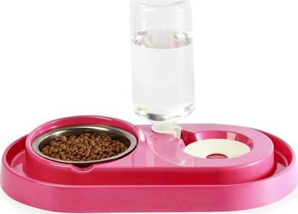 Miapet Çelik Taslı LÜX Hazneli Kedi-Köpek Mama Ve Su Kabı Seti 1000ml Fuşya - Image 1