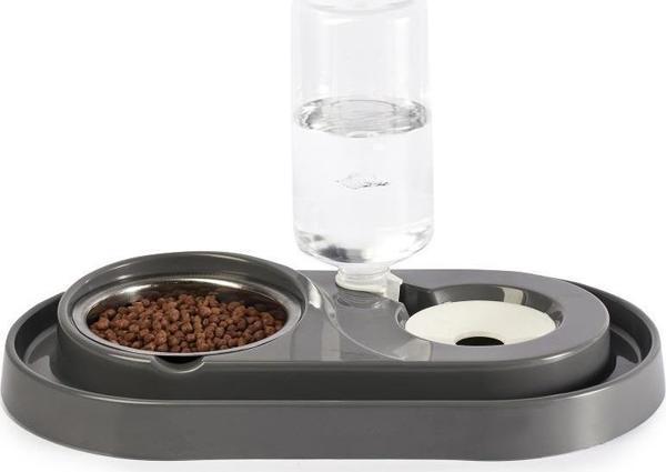 Miapet Çelik Taslı LÜX Hazneli Kedi-Köpek Mama Ve Su Kabı Seti 1000ml Gri - Image 1