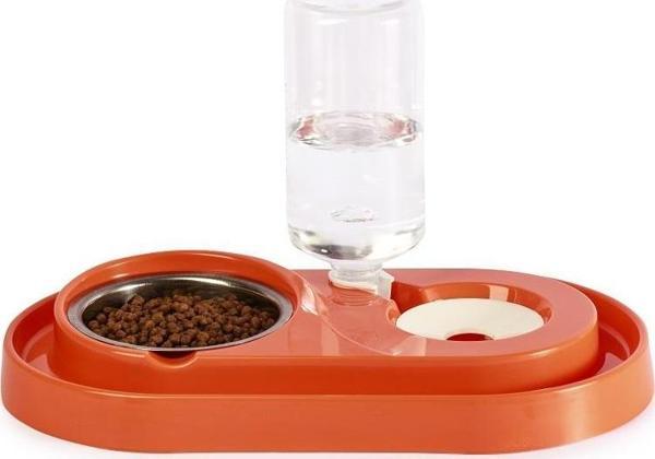 Miapet Çelik Taslı LÜX Hazneli Kedi-Köpek Mama Ve Su Kabı Seti 1000ml Turuncu - Image 1