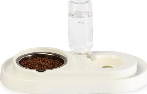 Miapet Çelik Taslı LÜX Hazneli Kedi-Köpek Mama Ve Su Kabı Seti 500ml Beyaz - Image 1