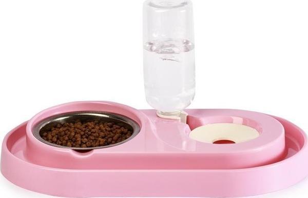 Miapet Çelik Taslı LÜX Hazneli Kedi-Köpek Mama Ve Su Kabı Seti 500ml Pembe - Image 1