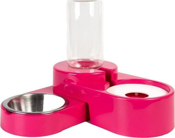 Miapet Köşeli Ayarlanabilir Hazneli Çelik Taslı Kedi-köpek Mama Ve Su Kabı Seti 1000ml Fuşya - Image 1