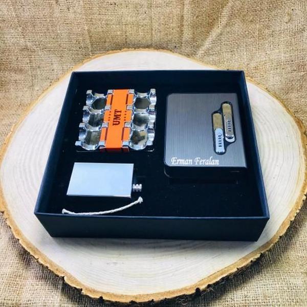 Kişiye Özel USB ŞARJLI IZGARALI SIGARA KUTUSU KÜLLÜK & BENZİNLİ KİBRİT ÇAKMAK HEDİYE SETİ - Image 1