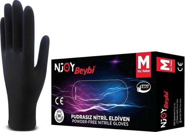 Muayene Medium Pudrasız Muayene Eldiveni Njoy Nitril Siyah Eldiven (100'lü Paket) - Image 1