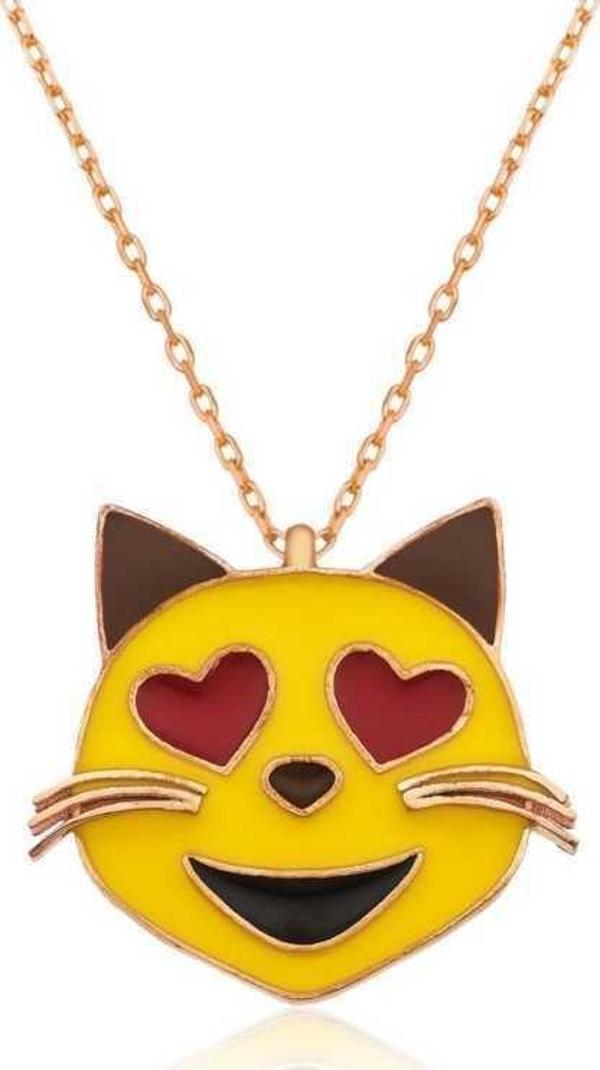 Gümüş Kalp Gözlü Kedi Emoji Bayan Kolye - Image 1
