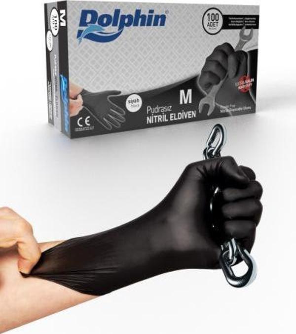 Dolphin Siyah Nitril Eldiven Pudrasız Ekstra Kalın (M) 100lü Paket - Image 1