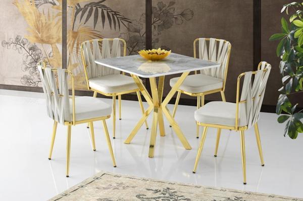 Sivas Gözde Mobilya Karen High Gloss Gold Mutfak Masa 4 Sandalye Seti 80x80 - Image 1