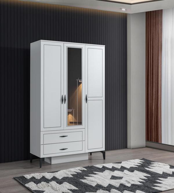 Sivas Gözde Mobilya Çizgi 3 Kapılı 2 Çekmeceli Gardırop Elbise Dolabı 120x47x200 - Image 1