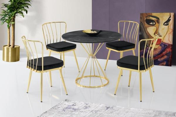 Sivas Gözde Mobilya Kum Saati High Gloss Siyah Gold Mutfak Masa 4 Sandalye Seti 90 cm - Image 1