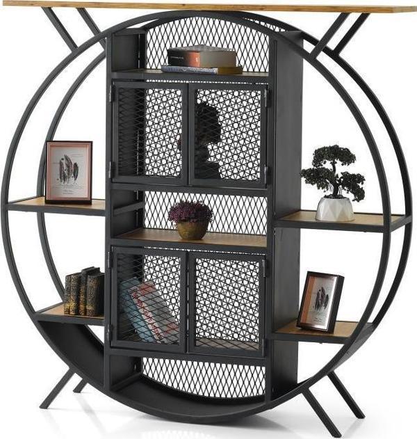 Sivas Gözde Mobilya Dekoratif Raflı Ferforje Kapaklı Yuvarlak Kitaplık 125x30x128cm - Image 1