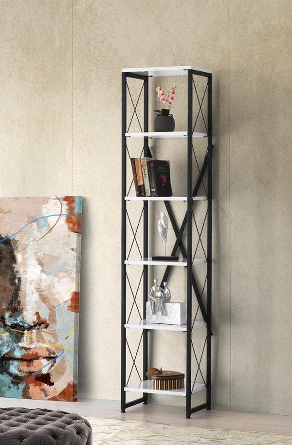 Sivas Gözde Mobilya Ferforje Beyaz Ahşap 5 Raflı Kitaplık 40x30x180 - Image 1