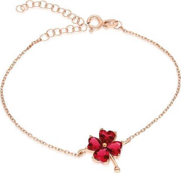 Gümüş Rose Kırmızı Kalpli Yonca Bayan Bileklik - Image 1