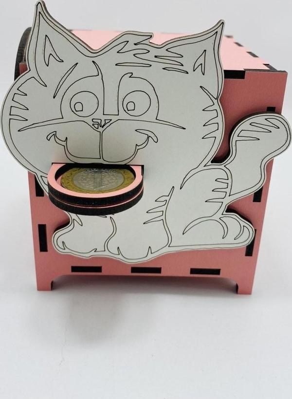 Myk Hediyelik Para Yutan Kedi Ahşap Kumbara Ilginç Farklı Dekoratif Kutu - Image 1