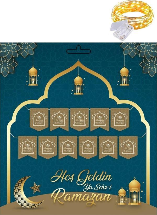 Gold 230 cm Hoşgeldin Ya Şehri Ramazan Banner + Led - Hoşgeldin Ramazan Banner Ramazan Süsleri - Image 1