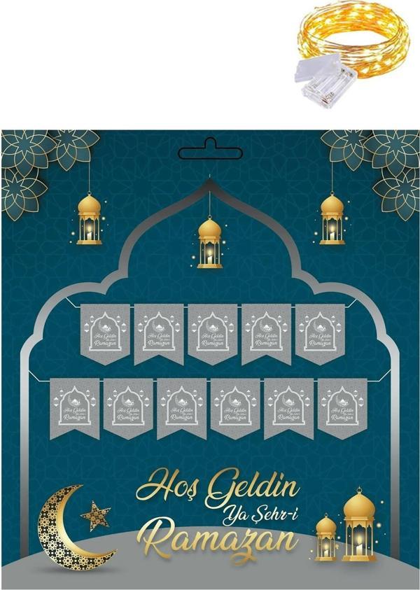 Gümüş 230 cm Hoşgeldin Ya Şehri Ramazan Banner + Led - Hoşgeldin Ramazan Banner Ramazan Süsleri - Image 1