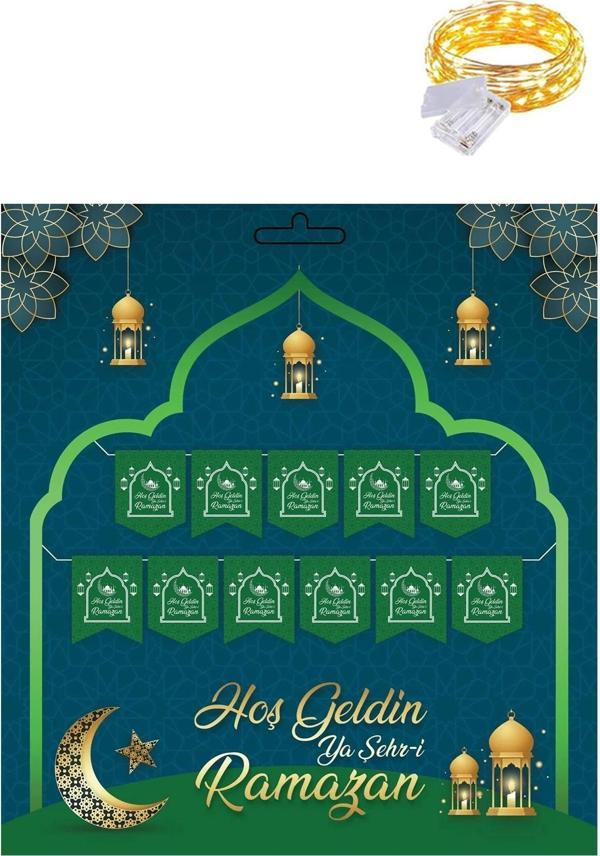 Yeşil 230 cm Hoşgeldin Ya Şehri Ramazan Banner + Led - Hoşgeldin Ramazan Banner Ramazan Süsleri - Image 1