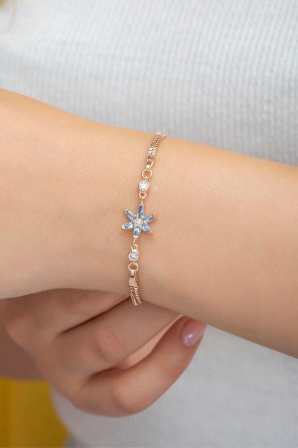 925 Ayar Aquamarin Taşlı Lotus Çiçeği Gümüş Bileklik - Image 1