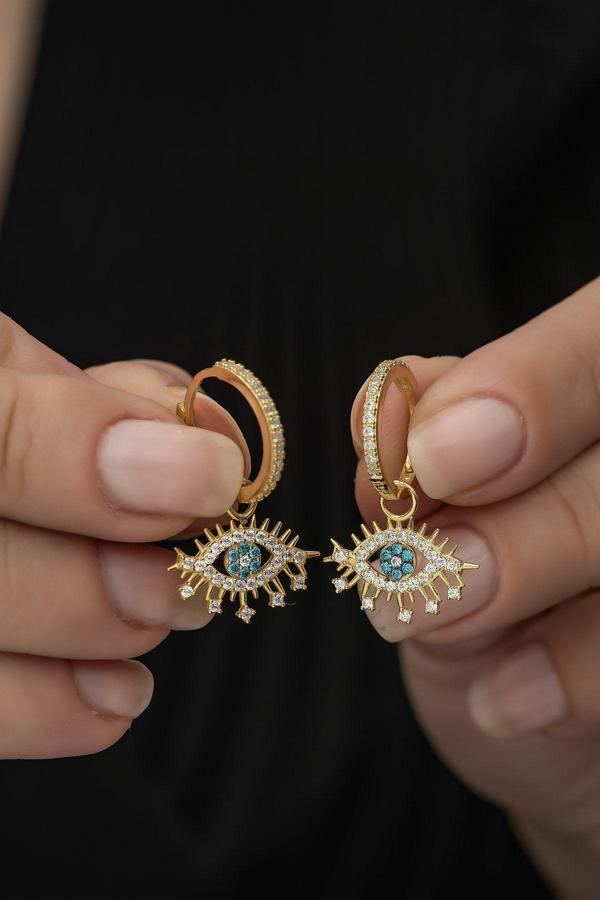 925 Ayar Gold Renk Sallantılı Göz Küpe Kadın Gümüş Küpe - Image 1