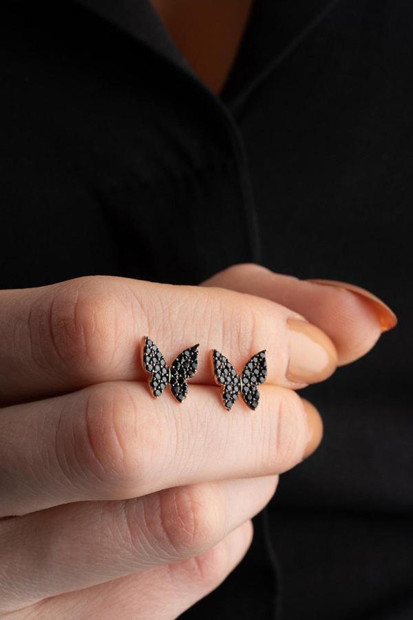 925 Ayar Gümüş  Minik Siyah Taşlı Kelebek Küpe - Image 1