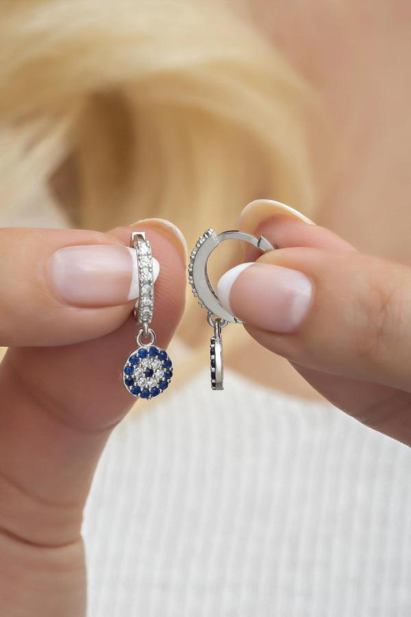 925 Ayar Gümüş 10 mm Tamtur Sallantılı Nazar Küpe - Image 1