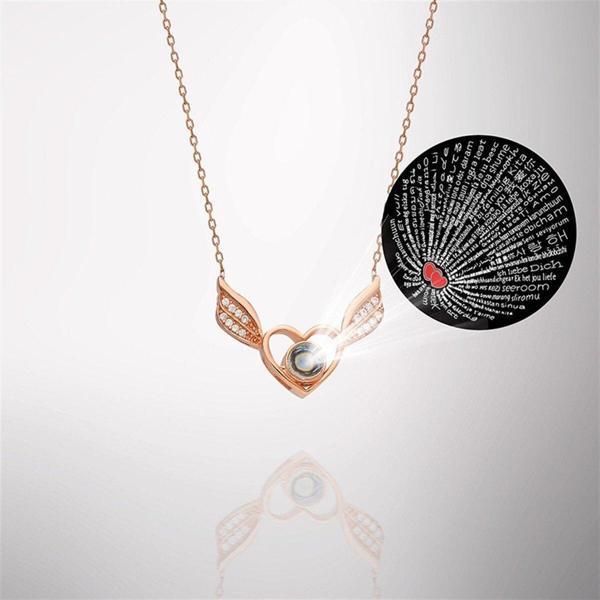 925 Ayar Gümüş 100 Dilde Seni Seviyorum Kalpli Melek Kanadı Kadın Gümüş Kolye - Image 1