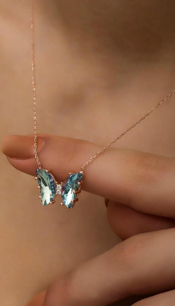 925 Ayar Gümüş Aquamarin Taşlı Kelebek Kolye - Image 1