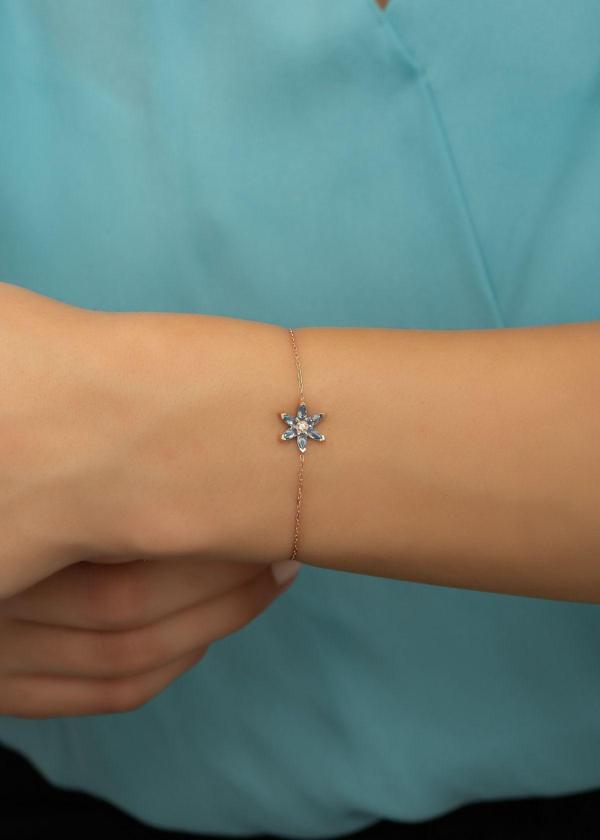 925 Ayar Gümüş Aquamarin Taşlı Lotus Çiçeği Bileklik - Image 1