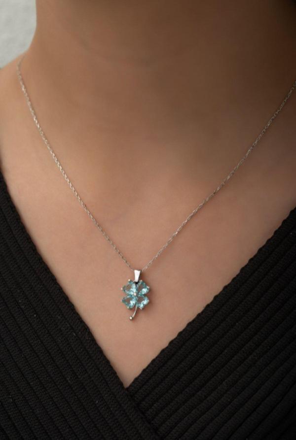 925 Ayar Gümüş Aquamarin Taşlı Yonca  Kolye Kadın Gümüş Kolye - Image 1