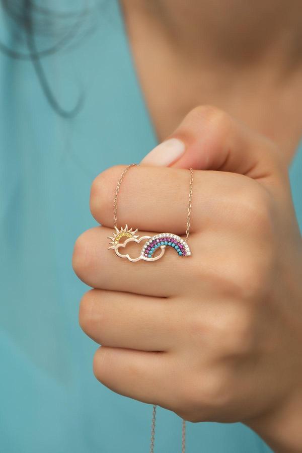 925 Ayar Gümüş Bulut Güneş Gökkuşağı Kolye - Image 1