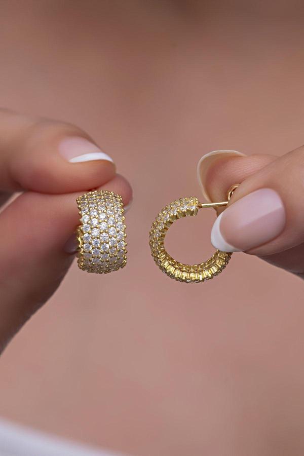 925 Ayar Gümüş Gold 5 Sıra Beyaz Taşlı Yarım Tur Küpe - Image 1