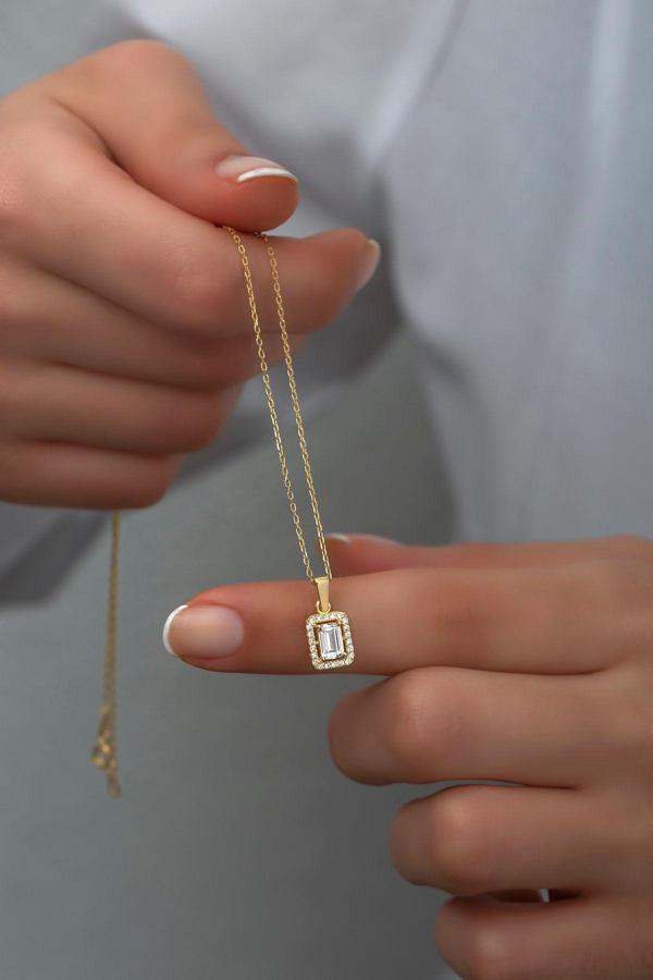 925 Ayar Gümüş Gold Baget Tektaş Kolye - Image 1