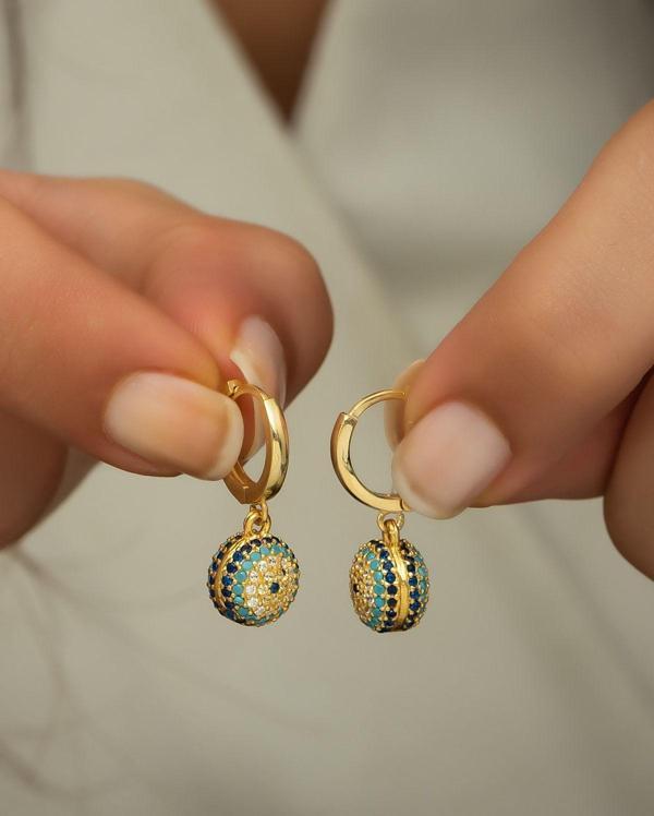 925 Ayar Gümüş Gold Halka Nazar Göz Küpe - Image 1