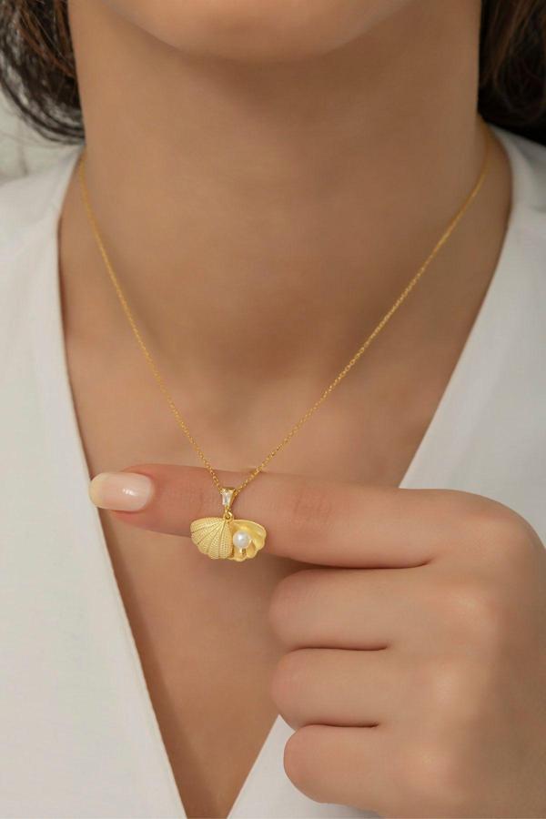 925 Ayar Gümüş Gold İncili İstiridye Kolye - Image 1