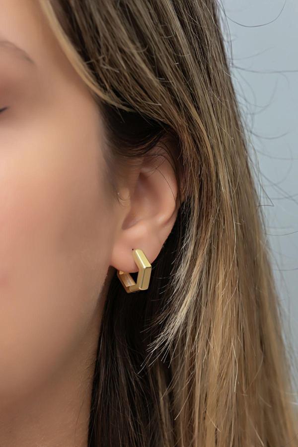 925 Ayar Gümüş Gold Kaplama 15 mm Beşgen Küpe - Image 1