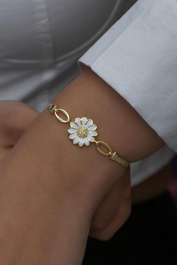 925 Ayar Gümüş Gold Kaplama Balık Sırtı Model Papatya Bileklik - Image 1