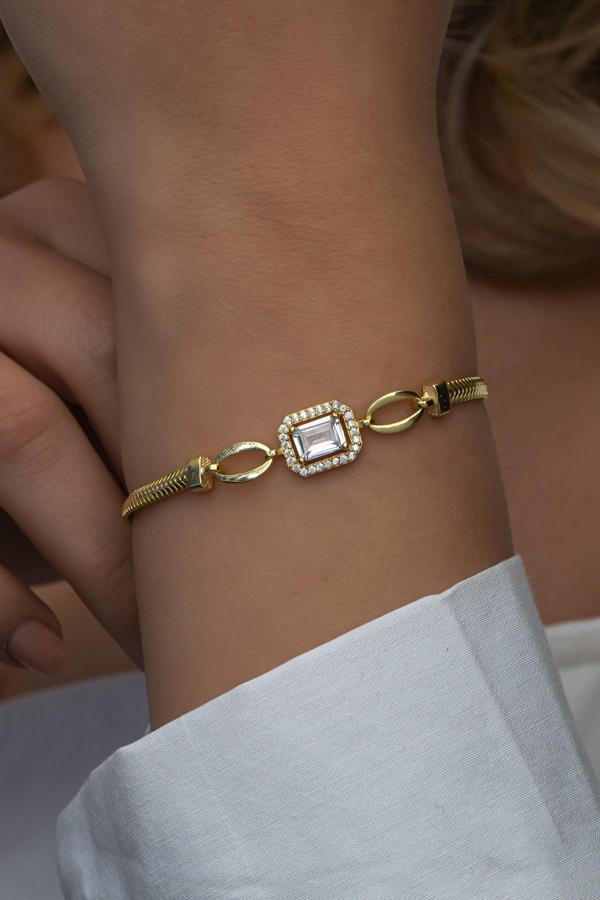925 Ayar Gümüş Gold Kaplama Balık Sırtı Model Tektaş Bileklik - Image 1