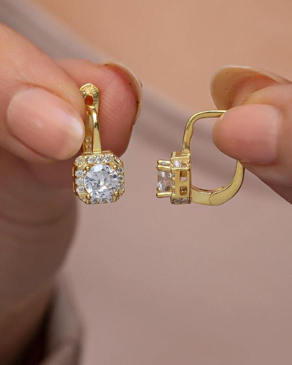 925 Ayar Gümüş Gold Kaplama J Model Kare Tektaş  Küpe - Image 1