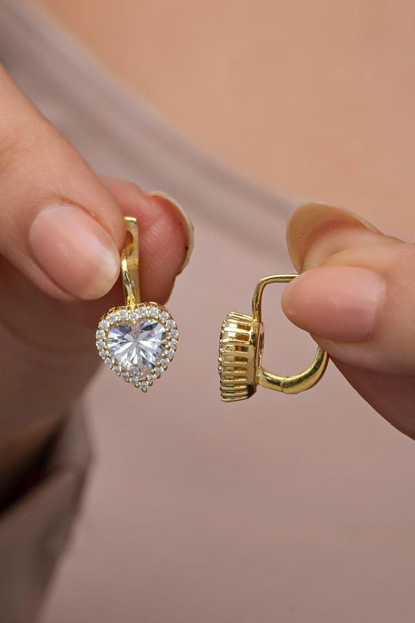 925 Ayar Gümüş Gold Kaplama J Model Tektaş Kalp Küpe - Image 1