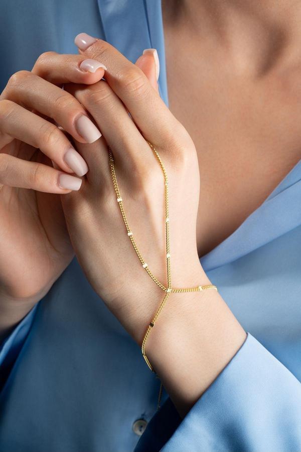 925 Ayar Gümüş Gold Kaplama Küp Zincirli Model Şahmeran Bileklik  - Image 1