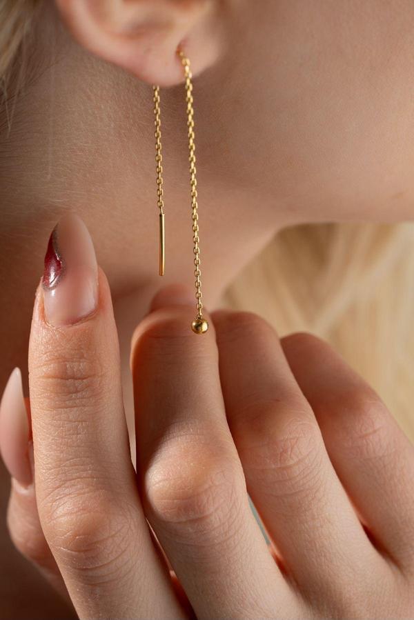 925 Ayar Gümüş Gold Kaplama Minik Toplu Zincir Küpe - Image 1