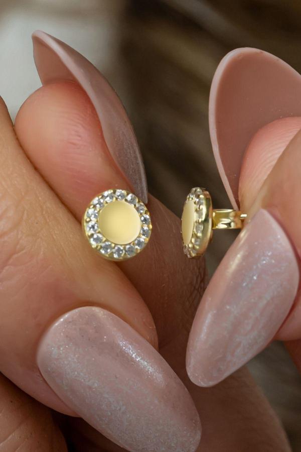 925 Ayar Gümüş Gold Kaplama Minimal Zirkon Taşlı Yuvarlak Küpe - Image 1