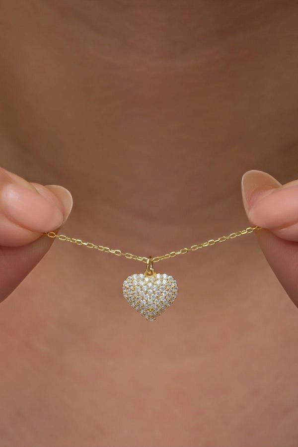 925 Ayar Gümüş Gold Kaplama Zirkon Taşlı Minimal Kalp Kolye - Image 1