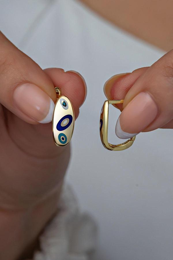 925 Ayar Gümüş Gold Lazer Mineli Nazar Model Küpe - Image 1