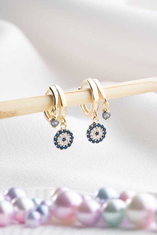 925 Ayar Gümüş Gold Mistik Topaz Taşlı 12 mm Nazar Küpe - Image 1